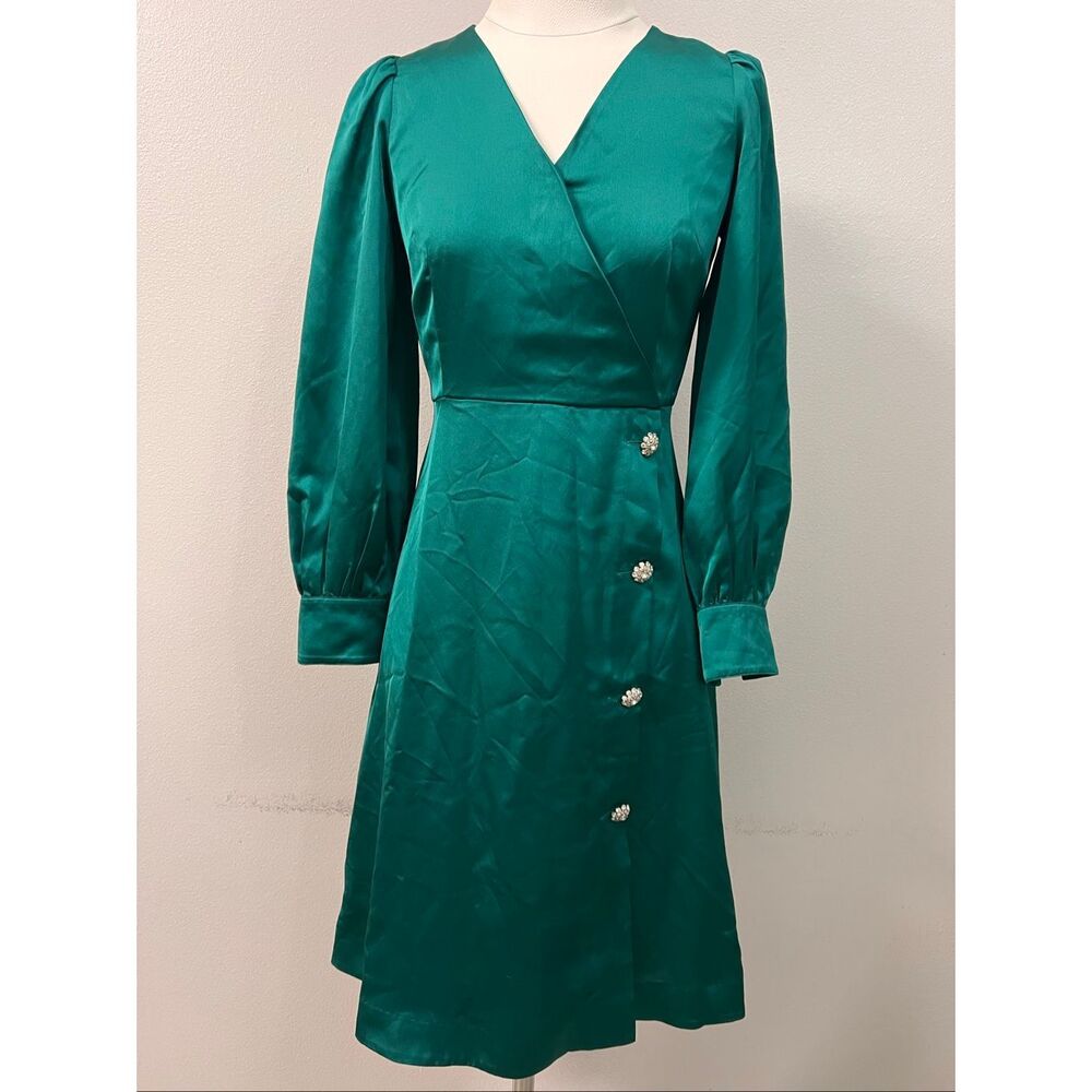 NWT Ann Taylor Women's Crystal Button Long Sleeve V-Neck Wrap Dress Green Sz 00P